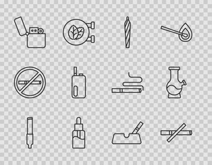 Set line Cigarette, No smoking, Marijuana joint, spliff, Vape liquid bottle, Lighter, Electronic cigarette, Ashtray with and Bong icon. Vector