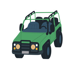 Safari car for travel, adventure. Off-road wheeled vehicle. Open offroad truck, tourists SUV. Touristic auto transport for trip, expedition. Flat vector illustration isolated on white background