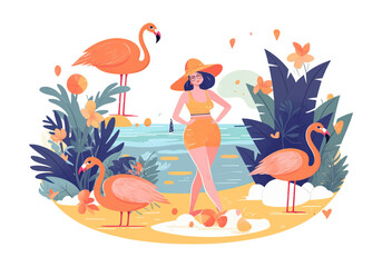 Summer illustration of a girl on the beach with plants and flamingos. Vector illustration EPS 10