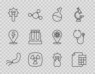 Set line Bacteria, Calculator, Test tube, Radioactive, Explosion in the flask, and Stethoscope icon. Vector
