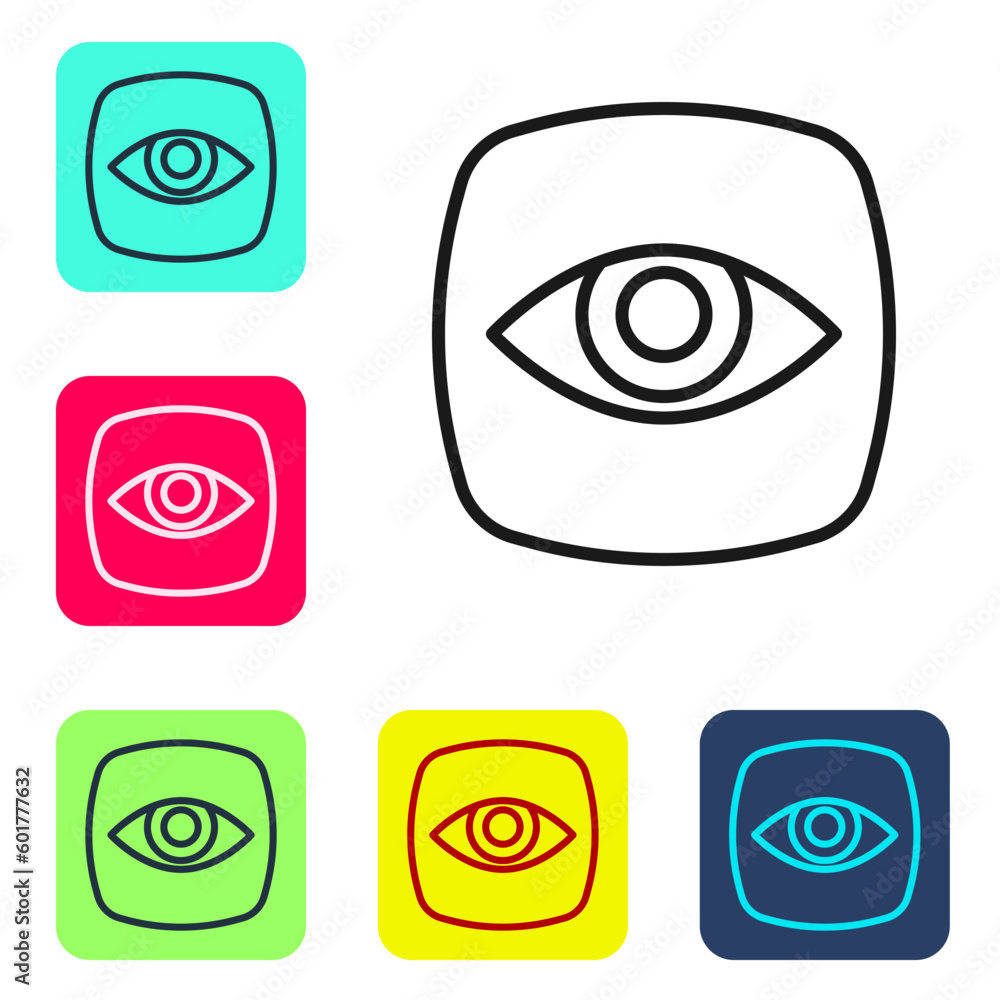Poster black line security camera icon isolated on white background. set icons in color square buttons. vec
