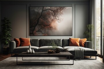 A contemporary lounge featuring a couch, table, and wall art. Generative AI