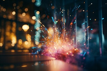 Background with blurred lights, sparkle, and colorful explosions. Generative AI