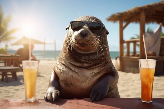 Cocktail-Party am Strand: Seehund l&auml;dt zum Verweilen ein