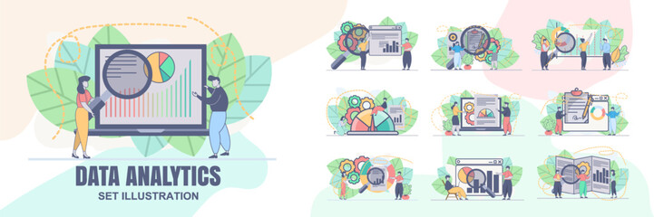 set vector design statistical and Data analysis for business finance investment concept with business people team working. Financial data analysis illustration.