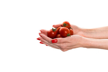 Hand with cherry tomatoes isolated on a white background