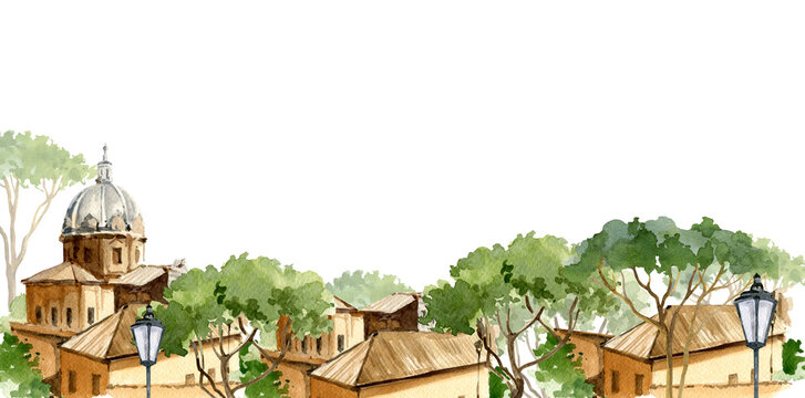 watercolor illustration of Rome, Italy, hand drawn panorama of town with pinya pine and old street lamp, isolated on white background