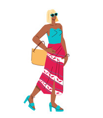 Fashion well-dressed woman character or fashion models, flat vector illustration isolated on white. Summer fashion show model. Street style concept.