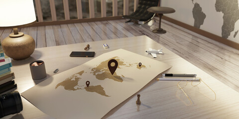 travel map for travelers around the world Travel planning World map Design elements for adventures around the world 3d illustration