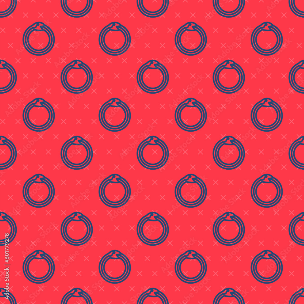 Poster blue line magic symbol of ouroboros icon isolated seamless pattern on red background. snake biting i