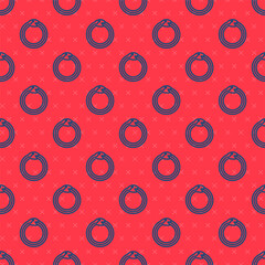 Blue line Magic symbol of Ouroboros icon isolated seamless pattern on red background. Snake biting its own tail. Animal and infinity, mythology and serpent. Vector