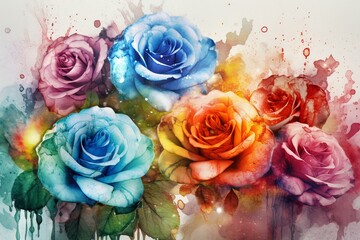Fototapeta na wymiar Abstract watercolor roses background painted in impressionist style, featuring colorful flower splashes. Generative AI