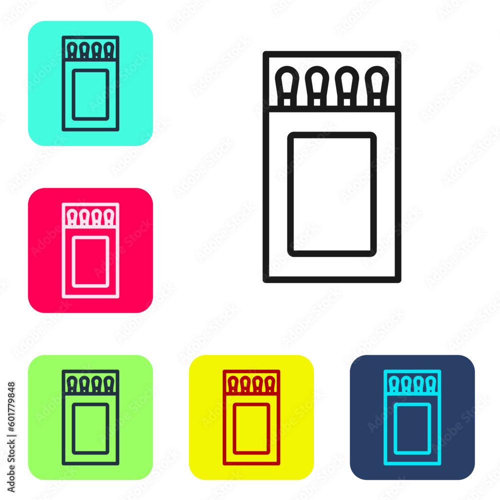 Poster black line open matchbox and matches icon isolated on white background. set icons in color square bu