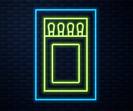 Glowing neon line Open matchbox and matches icon isolated on brick wall background. Vector