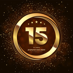15th anniversary logo with double rings and gold font decorated with glitter and confetti