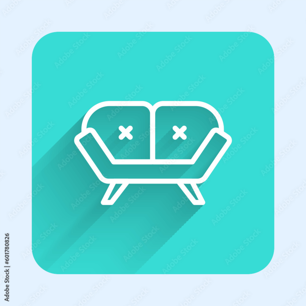 Poster white line sofa icon isolated with long shadow background. green square button. vector