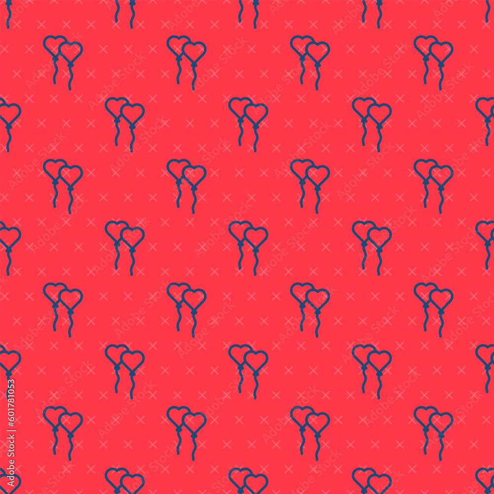 Poster blue line balloons in form of heart with ribbon icon isolated seamless pattern on red background. va