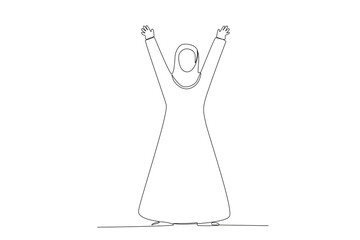A happy Muslim woman raises her hands. Islamic new year one-line drawing