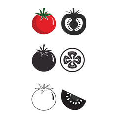 Red tomato vector illustration. Cut tomato, tomato slice, leaves, flowers and tomato seeds. Cartoon vegetable set of elements isolated on white background. Ttomato silhouette line art sign symbol icon