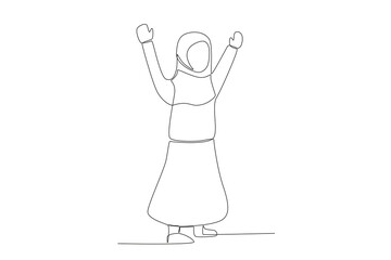 A happy Muslim girl raises her hand. Islamic new year one-line drawing