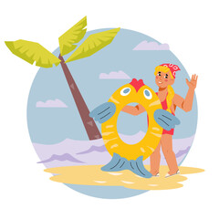 Circle badge or sticker with child holds inflatable ring on the sea beach. Little girl in swimsuit going to swim in the sea, flat vector illustration isolated on white. Summer seashore vacation.