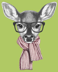 Portrait of Fawn with scarf and glasses,  hand-drawn illustration