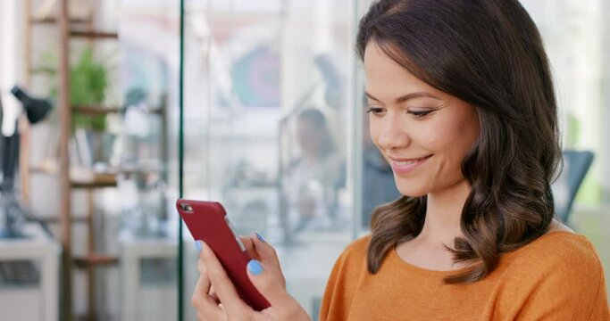 Happy, startup or woman with phone for networking, communication or internet content search in office building. Smile, mobile or employee girl with smartphone for social media, web or comic blog read