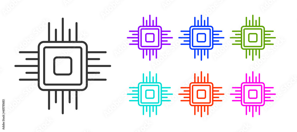 Poster black line computer processor with microcircuits cpu icon isolated on white background. chip or cpu 