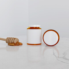 Honey jars on marble with label in white 