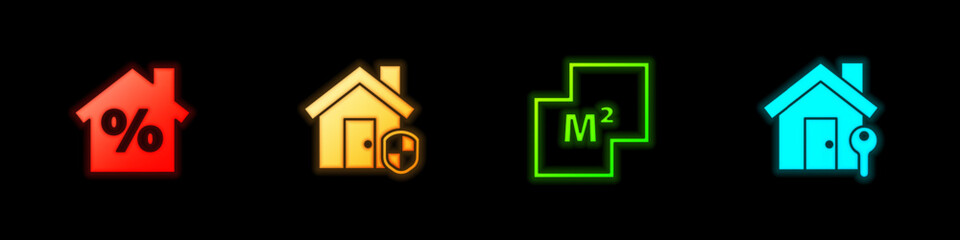 Set House with percant discount, under protection, plan and key icon. Vector