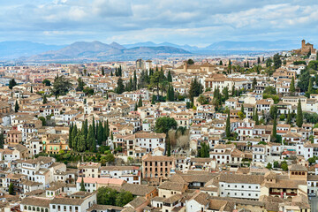 Fototapeta na wymiar aerial view of the Albaicin and Sacromonte down town district of Granada, Andalusia, Spain