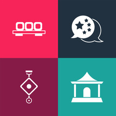 Set pop art Chinese house, paper lantern, China flag and Sushi on cutting board icon. Vector