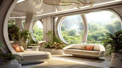 modern apartment design with big windows, fictional interior created with generative ai