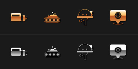 Set Flashlight, Conveyor belt carrying coal, Miner helmet and Gem stone icon. Vector