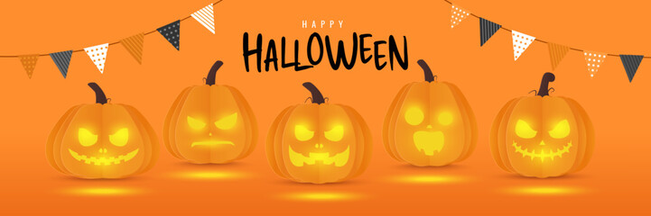 Happy halloween banner. Lantern orange pumpkin with flag on orange background. Vector illustration