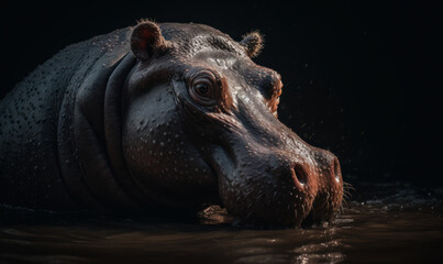 Photo of hippopotamus submerged in murky water, showcasing its massive bulk and wrinkled skin. Generative AI
