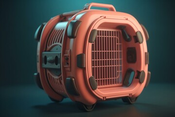 A 3D rendered plastic pet carrier with wheels for travel by bus. Generative AI