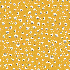 Seamless pattern of flowers in various colors and shapes. Autumn white flowers pattern on yellow background with white polka dots.simple Vintage floral pattern.