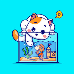 Cute Cat Playing With Fish In Aquarium Cartoon Vector Icon Illustration. Animal Nature Icon Concept Isolated Premium Vector. Flat Cartoon Style