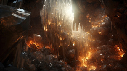 Crystal cave of creation with golden energy illuminating. Generative Ai.