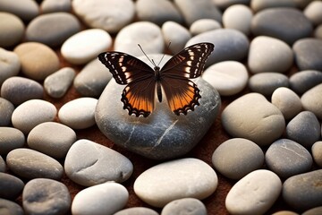 Fototapeta na wymiar Butterfly on spa massage stones in the zen garden. Generative AI