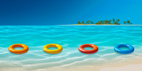 Fototapeta na wymiar Tropical sandy beach and safety rings, inflatables in turquoise blue water. Top View. Ai Generative illustration