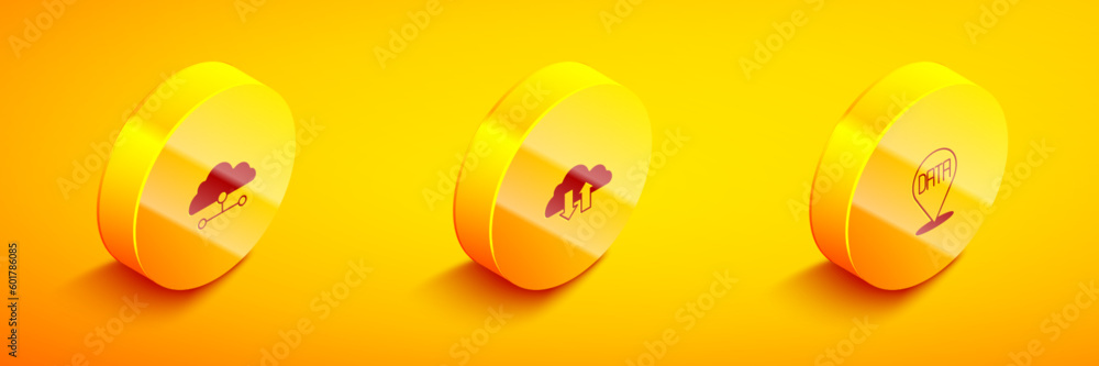 Poster set isometric network cloud connection, cloud download and upload and data analysis icon. vector