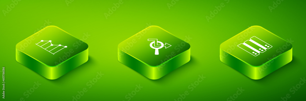 Poster set isometric search data analysis, server and pie chart infographic icon. vector