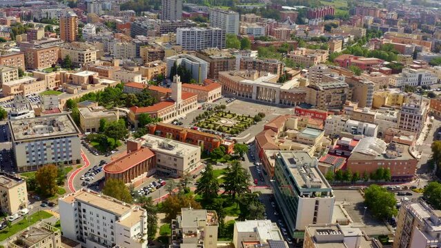 Aerial view of Piazza del Popolo and historical center of Latina, Italy. It is the main square of the regional capital of Lazio and where the town hall is located.