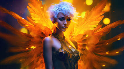 Fototapeta premium portrait of a woman with coloured illuminated hair and beautiful golden feathers background. Generative Ai.