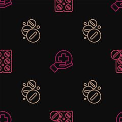 Set line Pills in blister pack, Medicine pill or tablet and Cross hospital medical on seamless pattern. Vector
