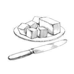 Vector hand-drawn illustration of diced butter on dish and knife in engraving style. Sketch of natural dairy product isolated on white.
