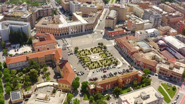 Aerial view of Piazza del Popolo and historical center of Latina, Italy. It is the main square of the regional capital of Lazio and where the town hall is located.
