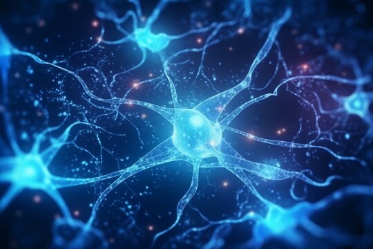 Glowing brain nerve cell. Specialized cell transmitting nerve impulses. System neuron of brain with synapses. Brain medicine biology. Generative AI